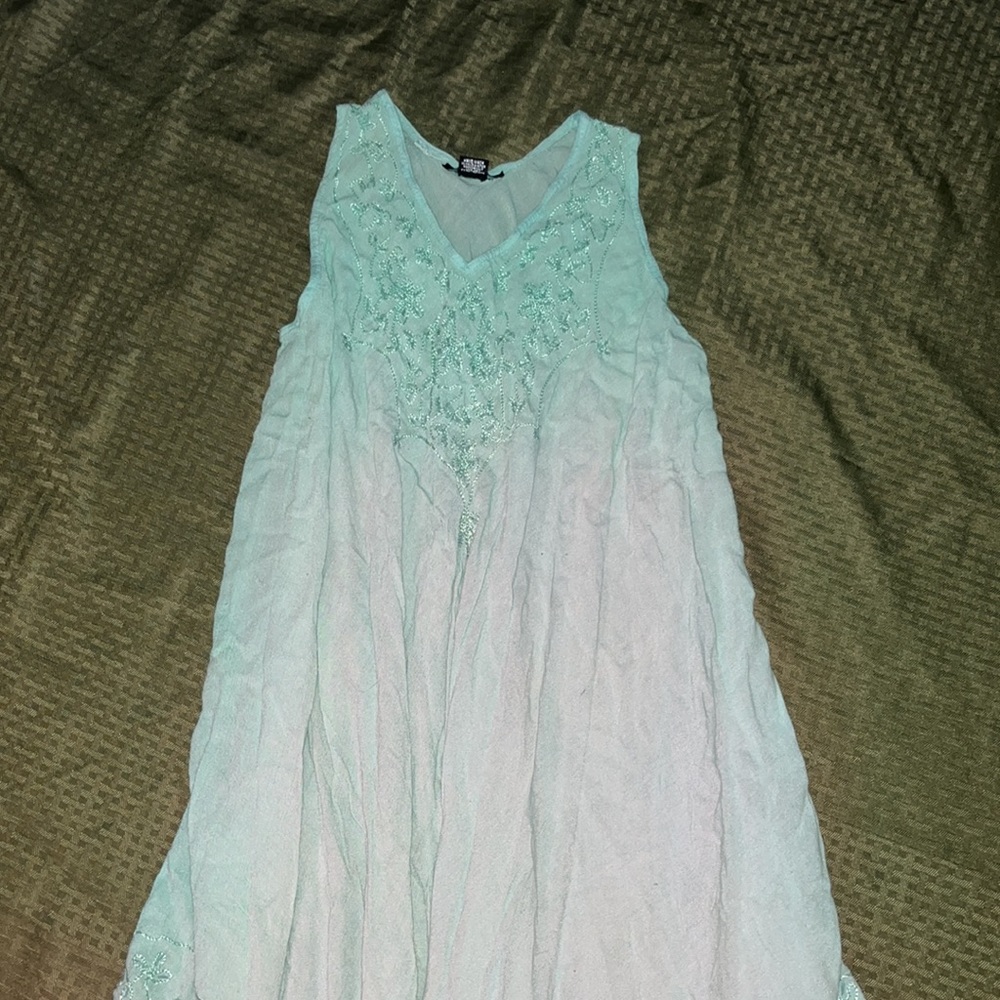 Teal free size beach cover up dress. Hand stitched and beaded